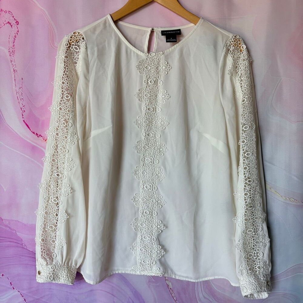 Liz Claiborne S Cream Blouse Lace Artsy Boardwalk Romantic Professional Regency